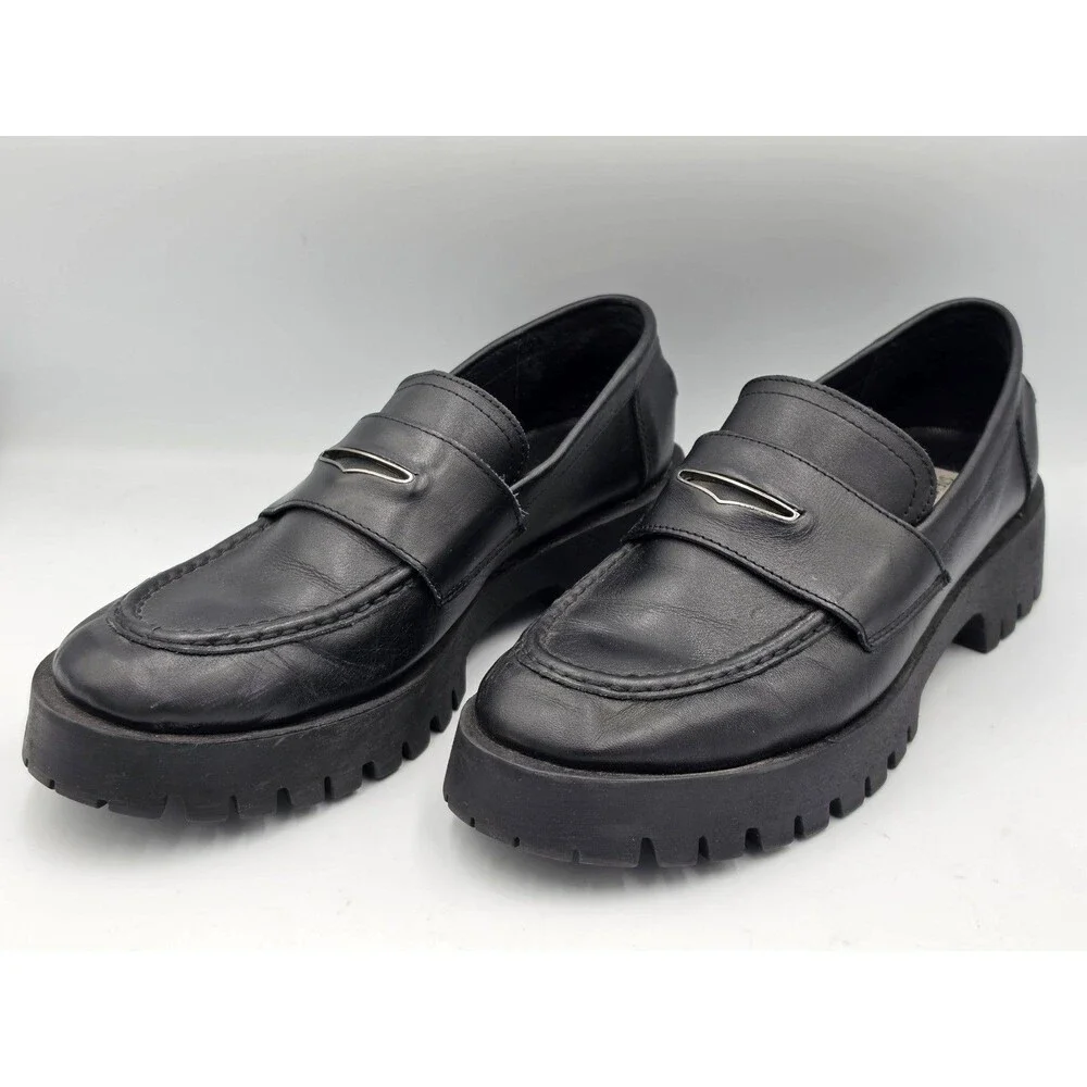 Steve Madden Women Black Leather Chunky Lug Sole Platform Penny Loafers Size 11